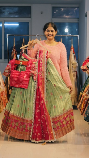 [DP521] Mint Green & Rani Pink Kanchi Pattu Half Saree - DP521