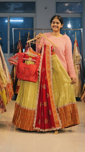 [DP523] Lime Yellow & Tomato Red Kanchi Pattu Half Saree - DP523