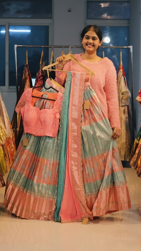 [DP525] Teal Grey & Peach Pink Kanchi Pattu Half Saree - DP525