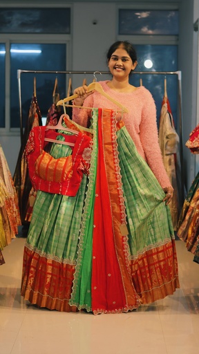 [DP526] Parrot Green & Sunset Orange Kanchi Pattu Half Saree - DP526