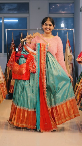 [DP528] Turquoise Blue & Rust Orange Kanchi Pattu Half Saree - DP528