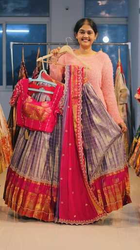 [DP529] Lavender & Rani Pink Kanchi Pattu Half Saree - DP529