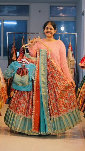 [DP535] Rust Red & Sky Blue Kanchi Pattu Half Saree - DP535