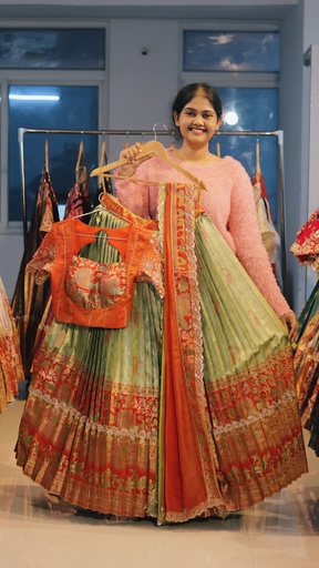 [DP536] Sage Green & Coral Orange Kanchi Pattu Half Saree - DP536
