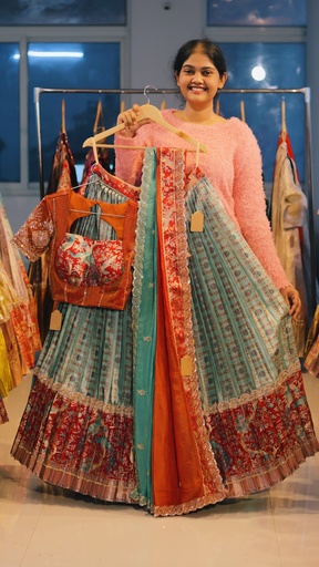 [DP537] Teal Blue & Rust Orange Kanchi Pattu Half Saree - DP537