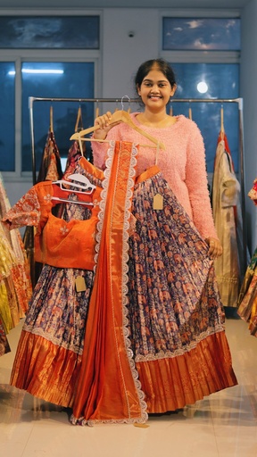 [DP539] Navy Floral & Rust Orange Kanchi Pattu Half Saree - DP539