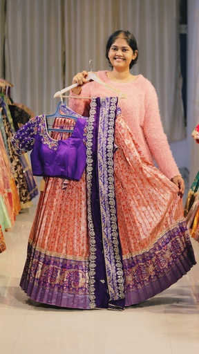 [DP541] Coral Peach & Royal Purple Kanchi Pattu Half Saree - DP541