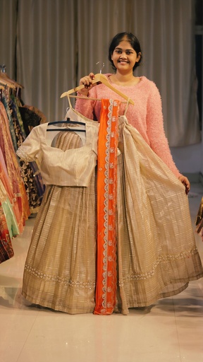[DP542] Cream & Tangerine Orange Half Saree - DP542