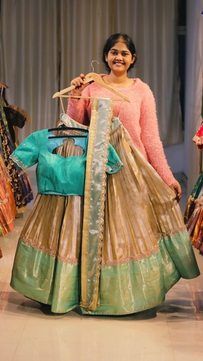 [DP543] Gold & Sea Green Half Saree - DP543