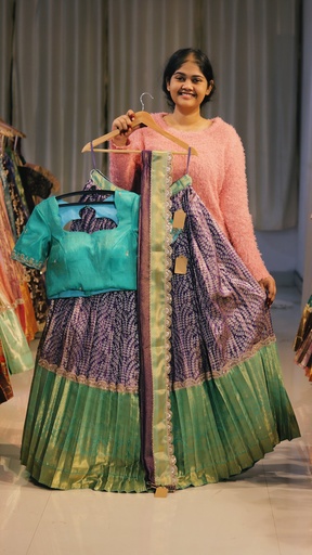 [DP544] Navy Blue & Aqua Green Half Saree - DP544