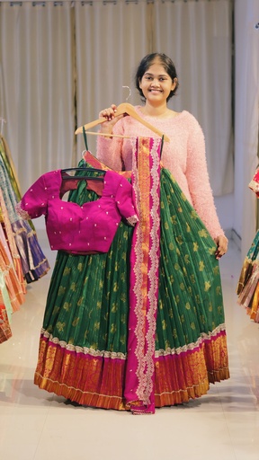 [DP557] Forest Green & Rani Pink Half Saree - DP557